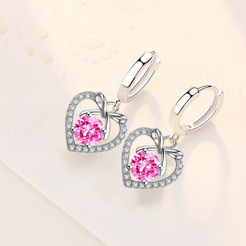 

New 925 Stamp Silver Plated Women Drop Earrings Fashion Bow-knot Heart Pendant Top Quality Zircon Earring For Women Girl Jewelry