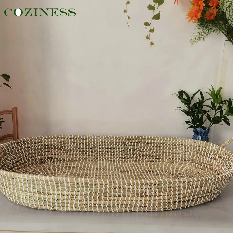 Newborn Baby Cradle Straw Woven Primary Color Outdoor Flat Lay Portable Carry Basket pastoral style Handmade Sleeping Basket