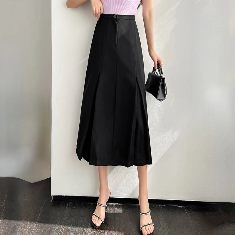 

2022 New Fashion High Waist A-line Pleated Long Skirt Office Lady Elegant Black Business Skirts Female Spring Summer Midi Skirt
