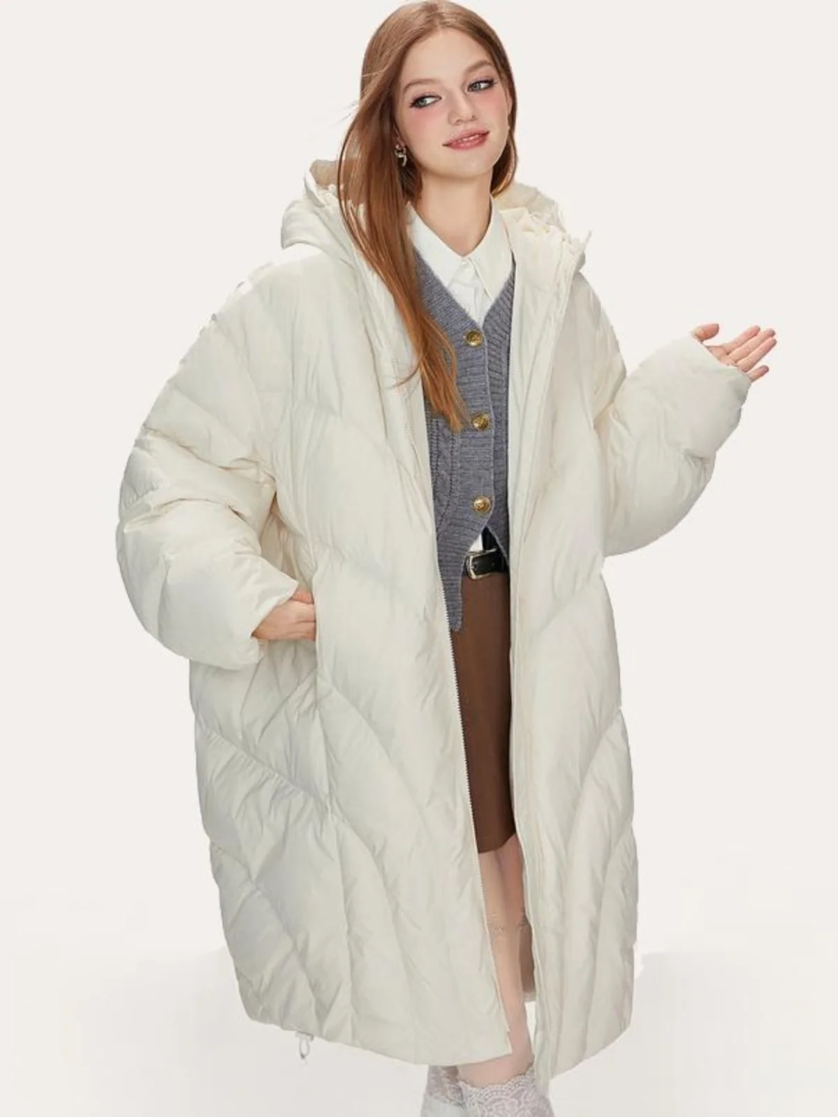 Кремовый пышный 2024 новинка 90 пуховик средней длины на белом утином пуху женская