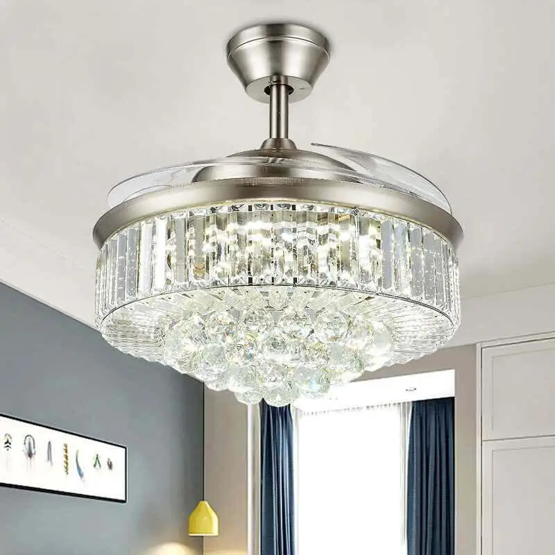 

Chandeliers Modern Led Ceiling Fans With Lighting Art Lamp Crystal Invisible European Color Bedroom Remote Control Pendant Light