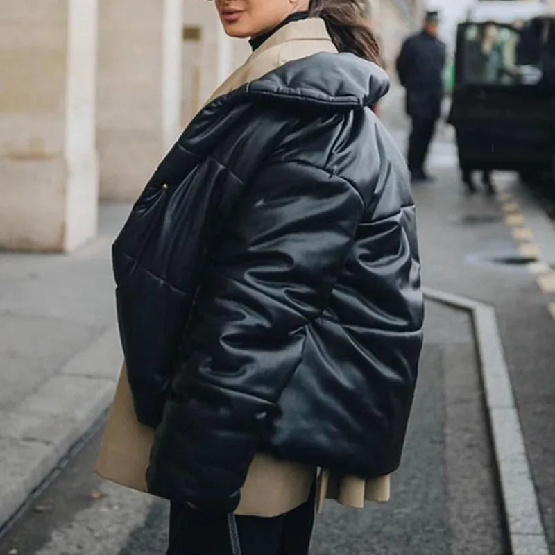 Women's Solid Color Simple Coat New High Collar Loose Casual Thickened Jacket Women's Imitation Leather Coat Office Parka Warm