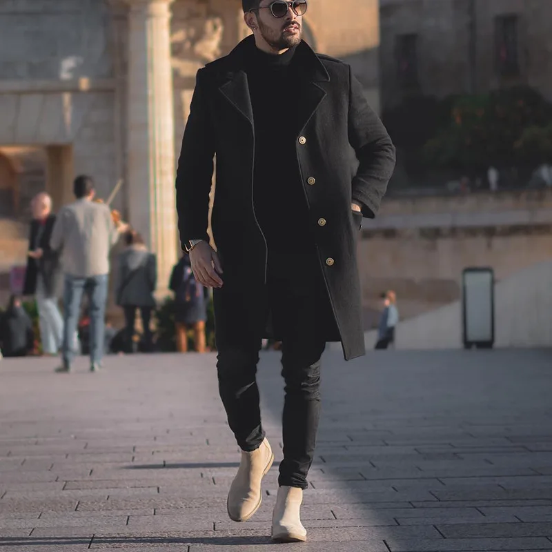

Тренч мужской однобортный средней длины, модное свободное повседневное непродуваемое пальто с отложным воротником, черный, Осень-зима