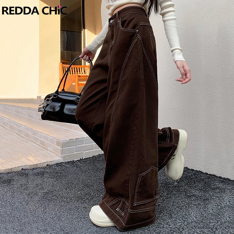 Фото REDDACHiC коричневые перевернутые джинсы-бойфренды, винтажные лоскутные широкие брюки-карго, брюки больших размеров, женская уличная одежда в западном стиле №1