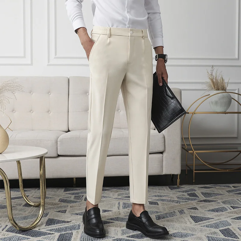 

New Men Non-iron fabric Dress Pants Slim Straight Black Apricot Dark Gray Casual Suit Pants Male Business Little Feet Suit pants