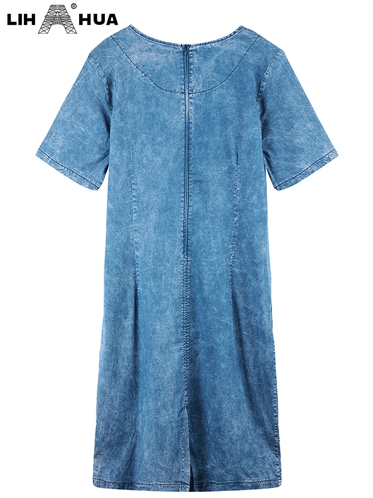 LIH HUA Women's Plus Size Denim Dress Summer Chic Elegant Dresses For Chubby Women Round Neck Woven Cotton  Dress