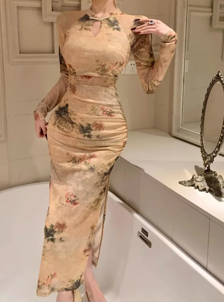 Ezgaga платья женские модные сексуальные сетчатые с цветочным принтом и разрезом