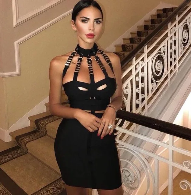 

Free Shipping Summer Dress 2021 Sexy Mental Halter Black Bandage Dress Designer Punk Mini Party Dress