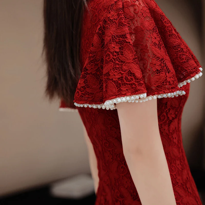 Cheongsam Dress Modern 2022 Chinese Trational Red Lace Cheongsams Qipao Vintage Oriental Wedding Party Women Dresses images - 6