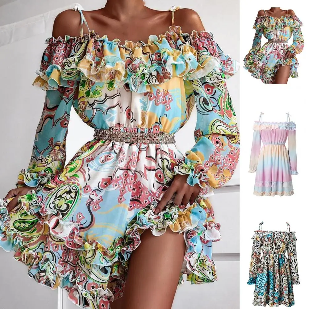 

Sling Design Elastic Waist Long Sleeve Ruffles Frill Hem Mini Dress Leopard Print Off Shoulder Lady Summer Dress Female Clothes