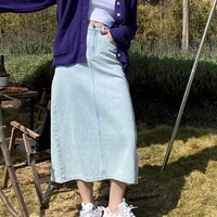 korean fashion casual high waist thin denim midi skirt new all match elegant temperament harajuku light blue skirts womens 2021
