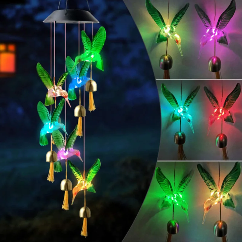 

Garden Solar Light Hummingbird Wind Chime Butterfly Color Changing LED Hanging Lamp Patio Porch Deck Balcony Outdoor Decor