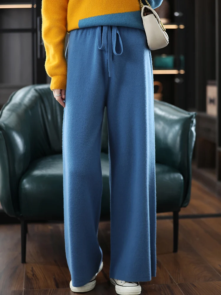 BELIARST Cashmere Pants Women High Waist Wide Leg Pants 100% Merino Wool Trousers Casual Knit Loose Fashion Straight Pants