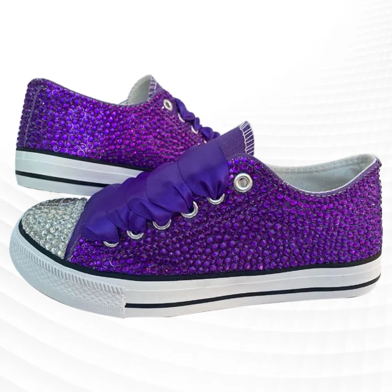 

Low-top purple ribbon rhinestone canvas shoes street shooting comfortable walking handmade rhinestone vulcanized shoes 35-41