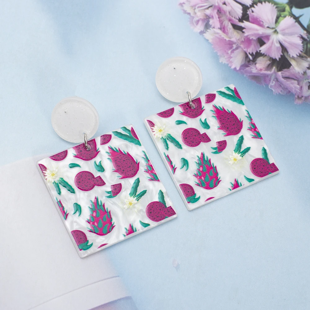 Новые модные квадратные акриловые висячие серьги с рисунком питаи фруктов для