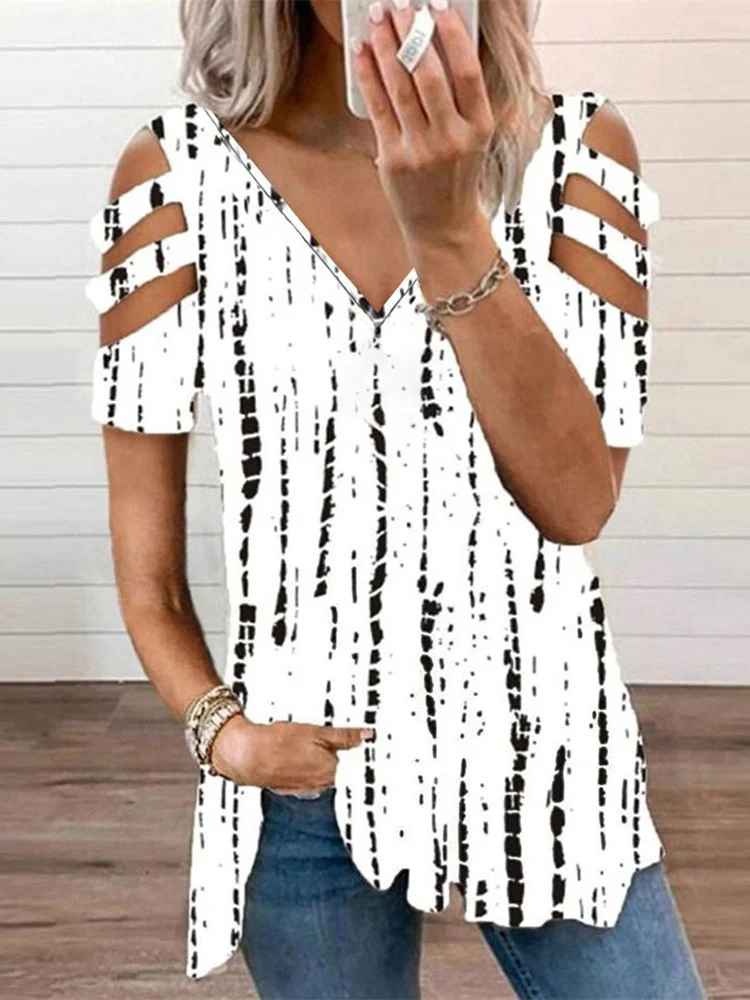 

Mandylandy Women Elegant Tie Dye Print Loose Shirt Top Fashion Female Y2K Short Sleeve Hollow Out V Neck T-shirt Streetwear