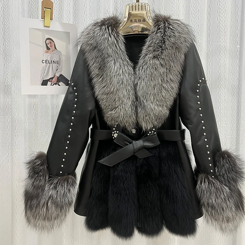 

Women Real Fox Fur Coat High Quality Lady Work Party Luxury Genuine Sheep Leather Jacket With Belt Female Winter Fur Coats WF01