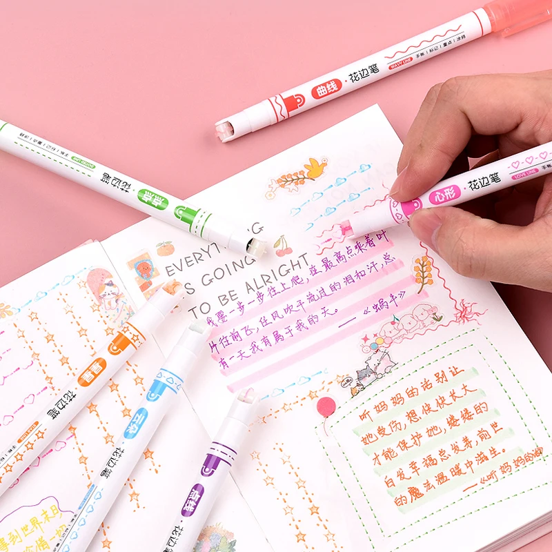 6pcs lace roller highlighter curve/wave/clouds/ art marker pen hand account painting copy newspaper border outline |