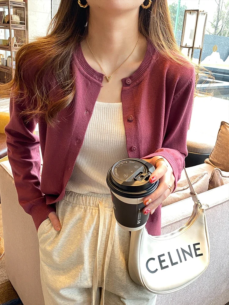 Осенние женские винтажные простые однотонные вязаные кардиганы с круглым