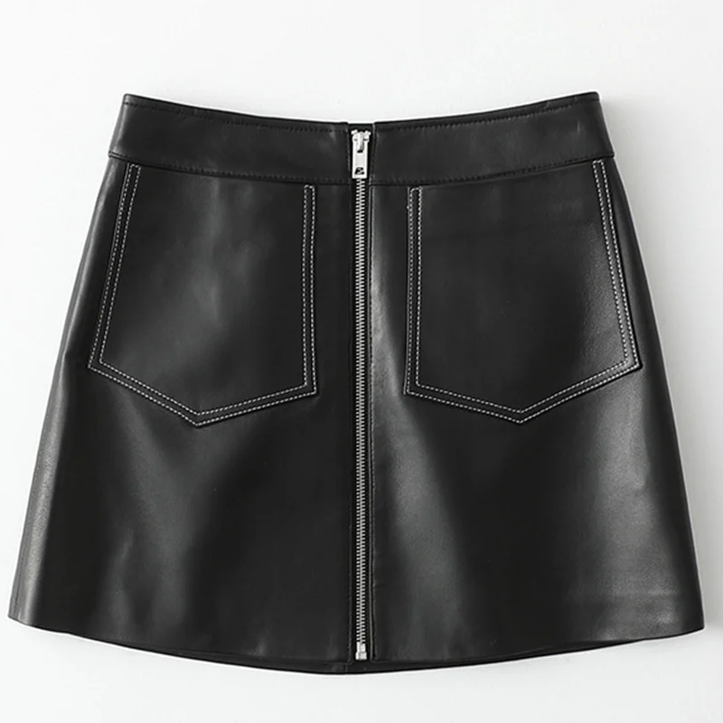 

Leather Office Lady Genuine Skirts Black Spring Slim Fashion 100% Lambskin Real Leather Skirt Women Work A-Line Short Skirt