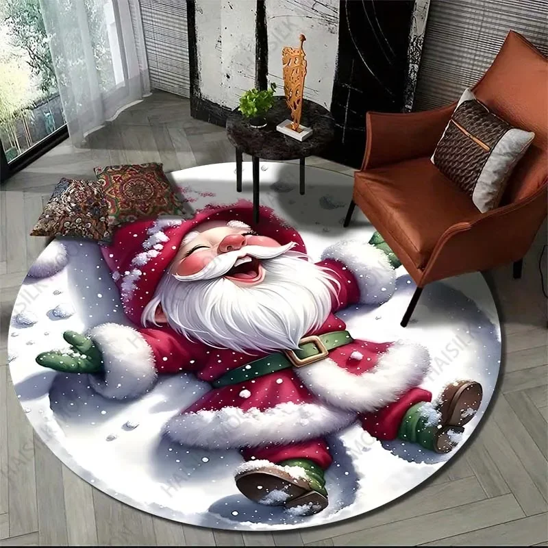Gnome Christmas Print Round Carpet Suitable for Living Room Bedroom Flannel Non-slip Sofa Chair Creative Door Mat