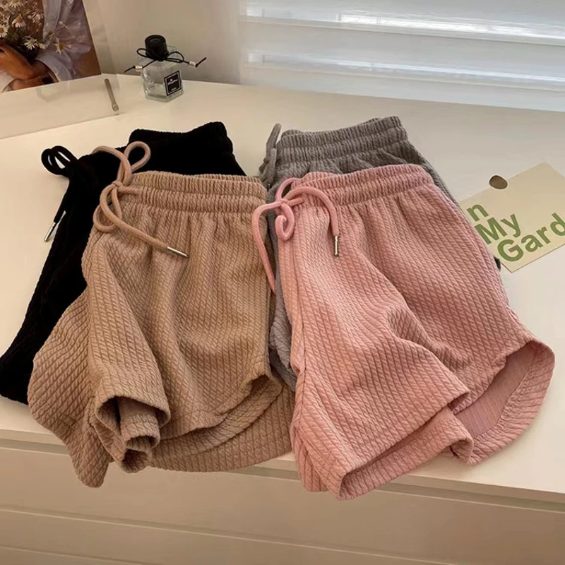 High Waist Sport Shorts Women Summer Loose Wide Leg Elastic Waist Lace Up Drawstring Casual Korean Irregular U Shape Bottoms New