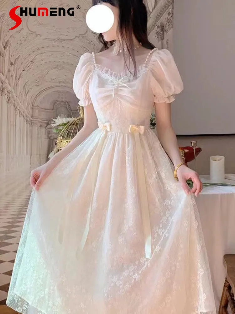 

Женское платье с бантом и коротким рукавом-фонариком, бежевое платье средней длины с жемчужинами и V-образным вырезом, оверсайз, лето 2023