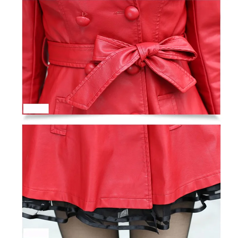 Black Autumn Winter Coats Long Slim PU Leather Jacket Women 2022 Fashion Belt Plus Velvet Thick Double Breasted High Quality Top