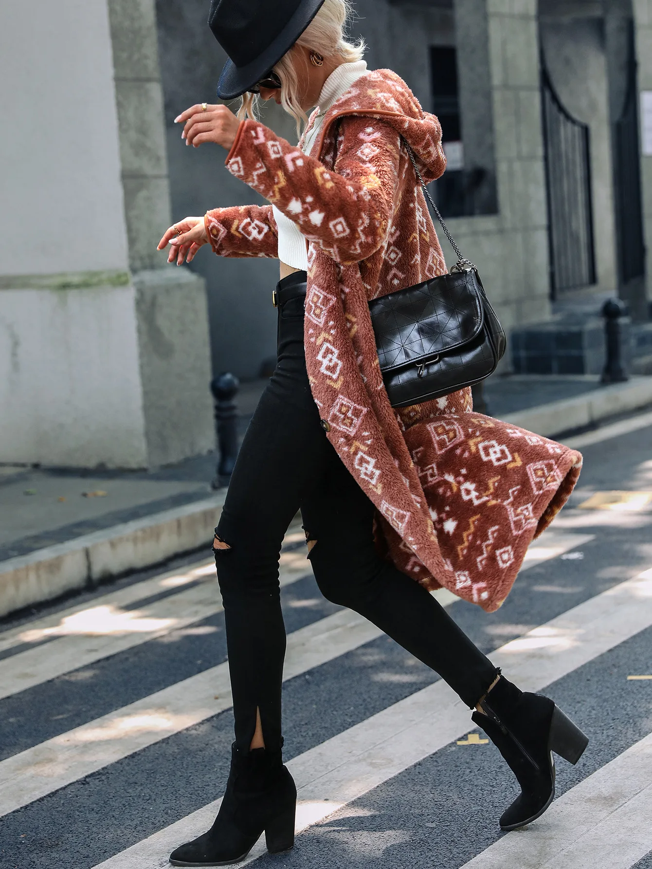 Fashion New Women's Hooded Long Sleeve Geometric Printing Single breasted Extended Regular Plush Coat