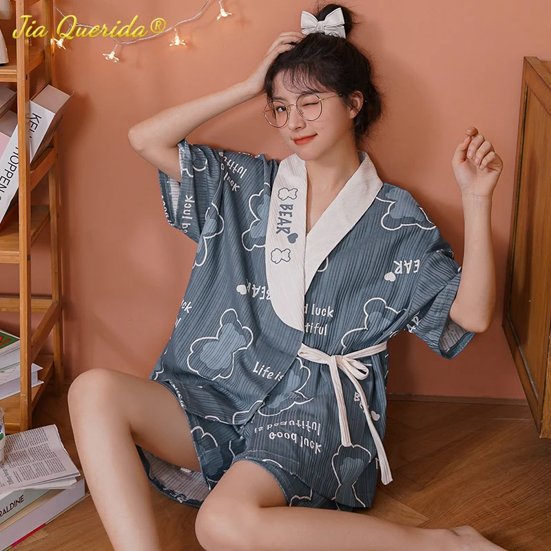 Новые летние мягкие хлопковые женские пижамы Kawaii с принтом медведя v-образный