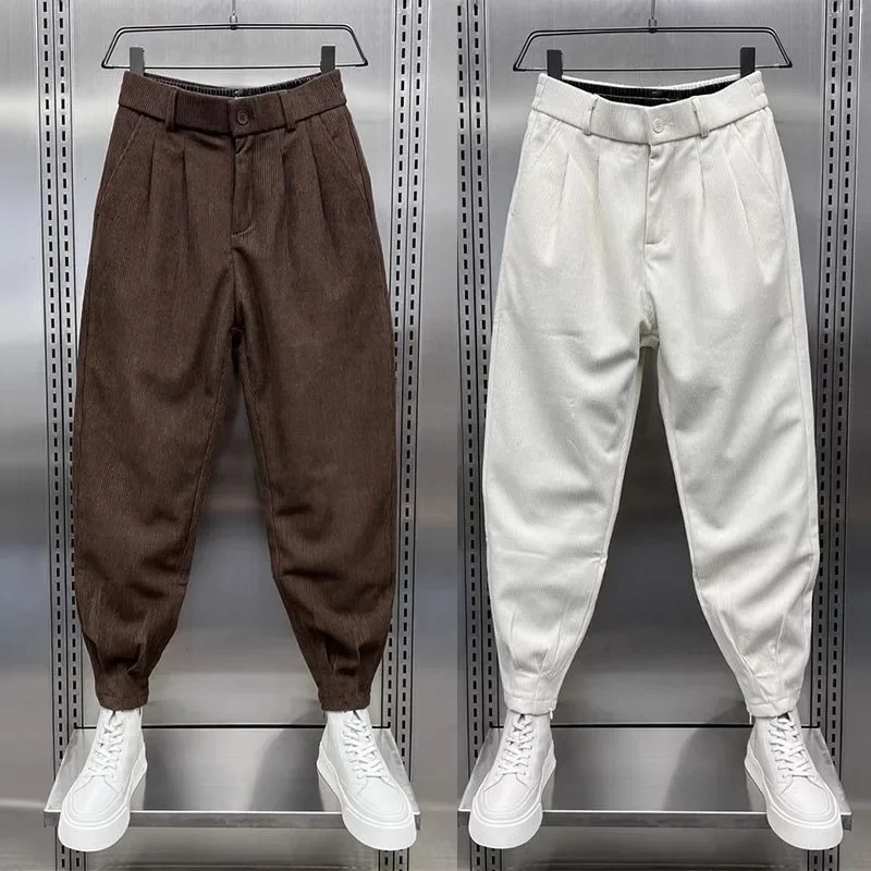 

Corduroy Pants Men Autumn Winter 2023 New Relaxed Casual Youth Solid Color Zipper Bunching Feet Plankton Handsome Haren Pants