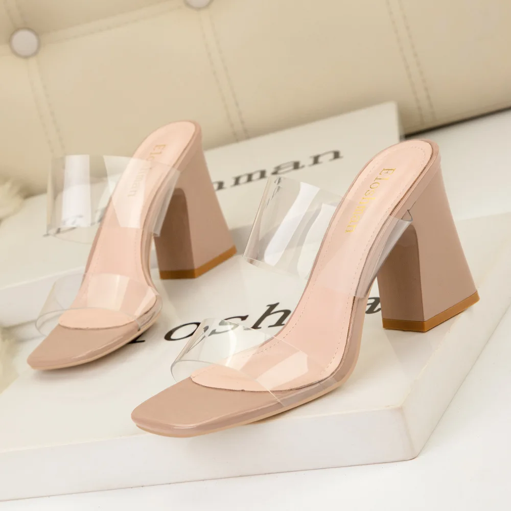 European and American style simple sexy banquet with women's sandals square toe transparent block heel open-heeled slippers