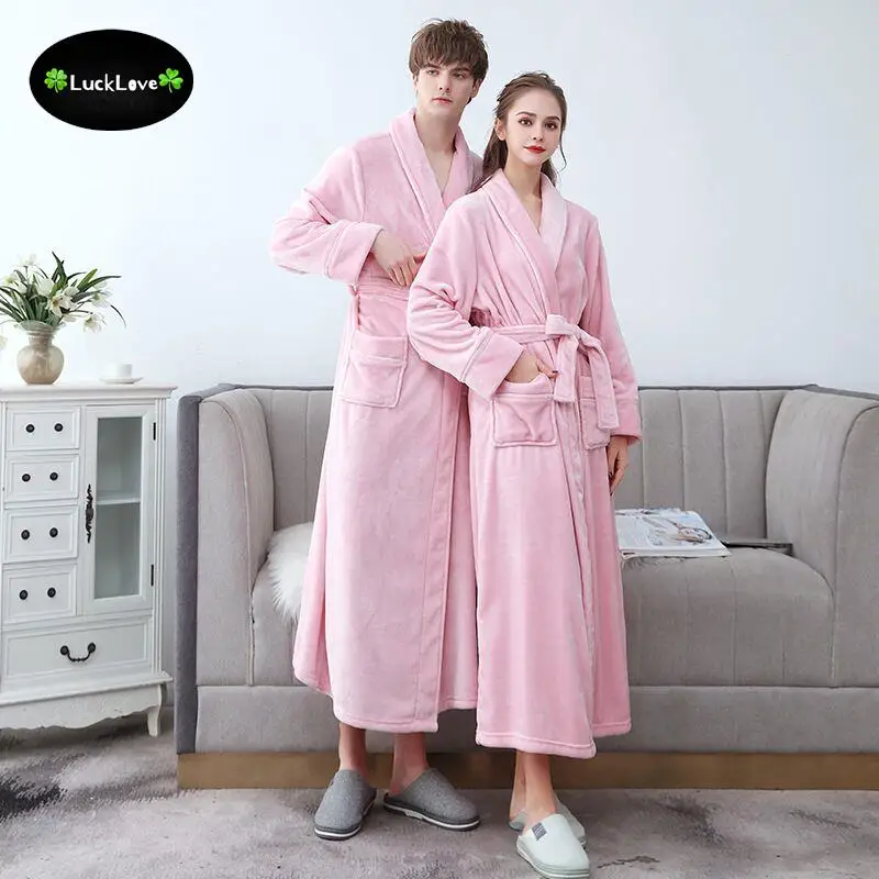 Men Plus Size Thick Warm Flannel Bathrobe Couple Winter Coral Fleece Bath Robe Night Sleepwear Women Dressing Goawn Cozy Robes