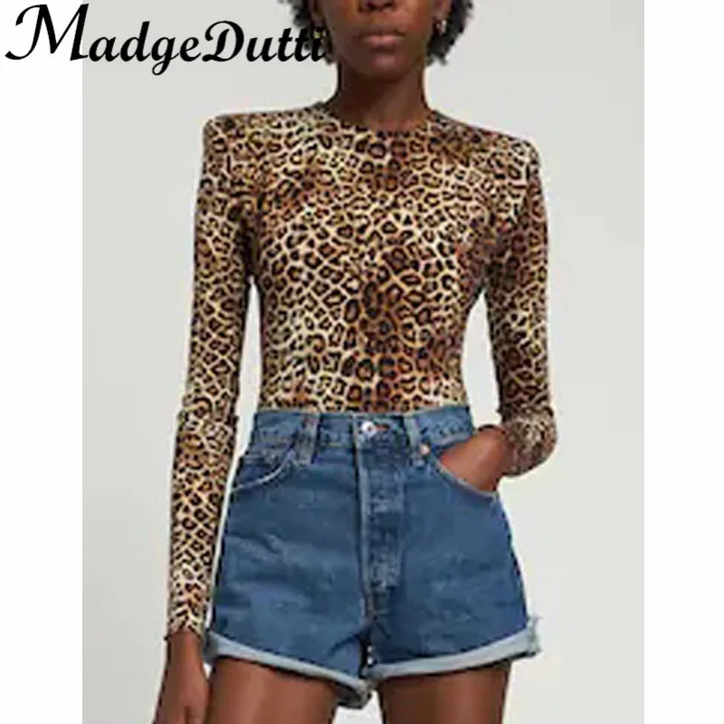 12.8 MadgeDutti Fashion Sexy Leopard Print Shoulder Pads Long Sleeve Cotton Playsuits Women