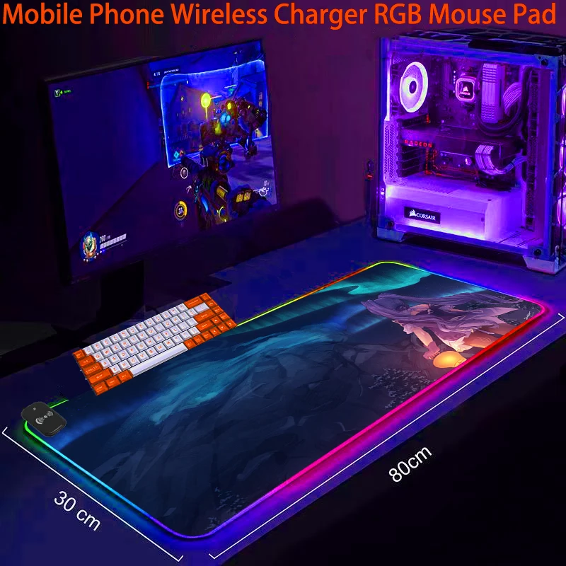 

Phone Wireless Charging RGB Mouse Pad LED Gaming Keqing Genshin Impact Game Mats Office Accessories Desk Mat Anti-skid Cool Rug