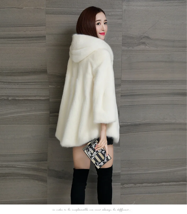 ICCLEK Winter mink coat female whole mink hooded medium long Haining imitation mink fur plush coat