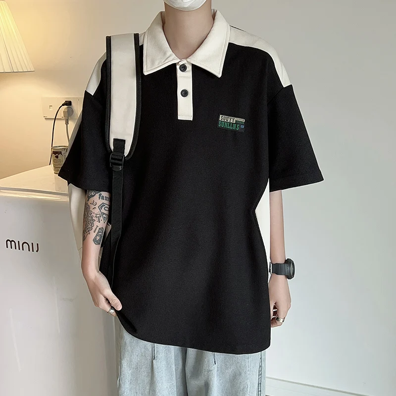 

Новинка 2023, рубашка-поло для колледжа для мужчин, корейская мода, свободная цветная футболка с коротким рукавом и отворотом, летняя Американская футболка-поло для гольфа