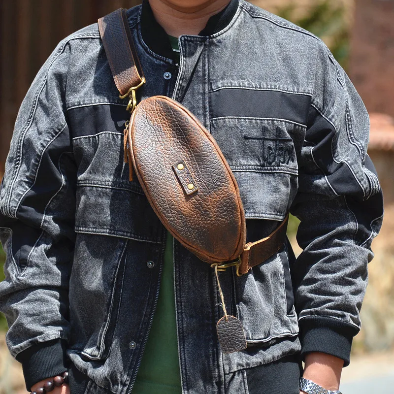 Fashion natural genuine leather rugby designer men's chest bag handmade real cowhide daily multifunctional crossbody bag