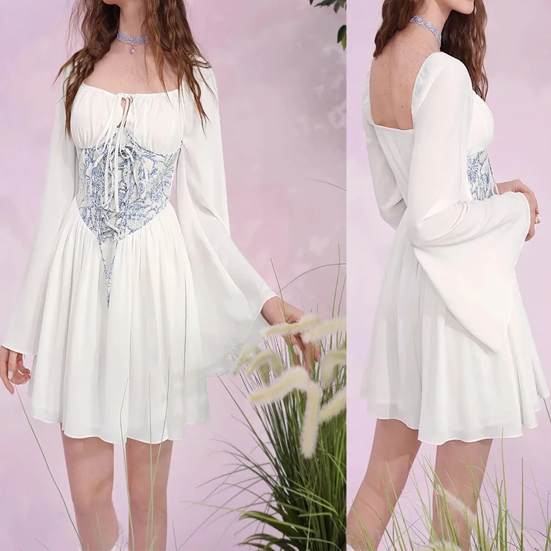 

2022 Summer New Women's Dresses Long-sleeved Girdle Lace-up Short Skirt Fashion One Word Collar Short Skirt