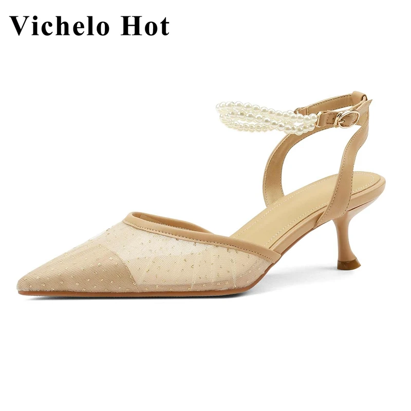 

Женские туфли-лодочки Vichelo, сетчатые туфли с острым носком, на тонком высоком каблуке, с ремешком на пятке, украшение с цепочкой и жемчугом, в Корейском стиле, L90