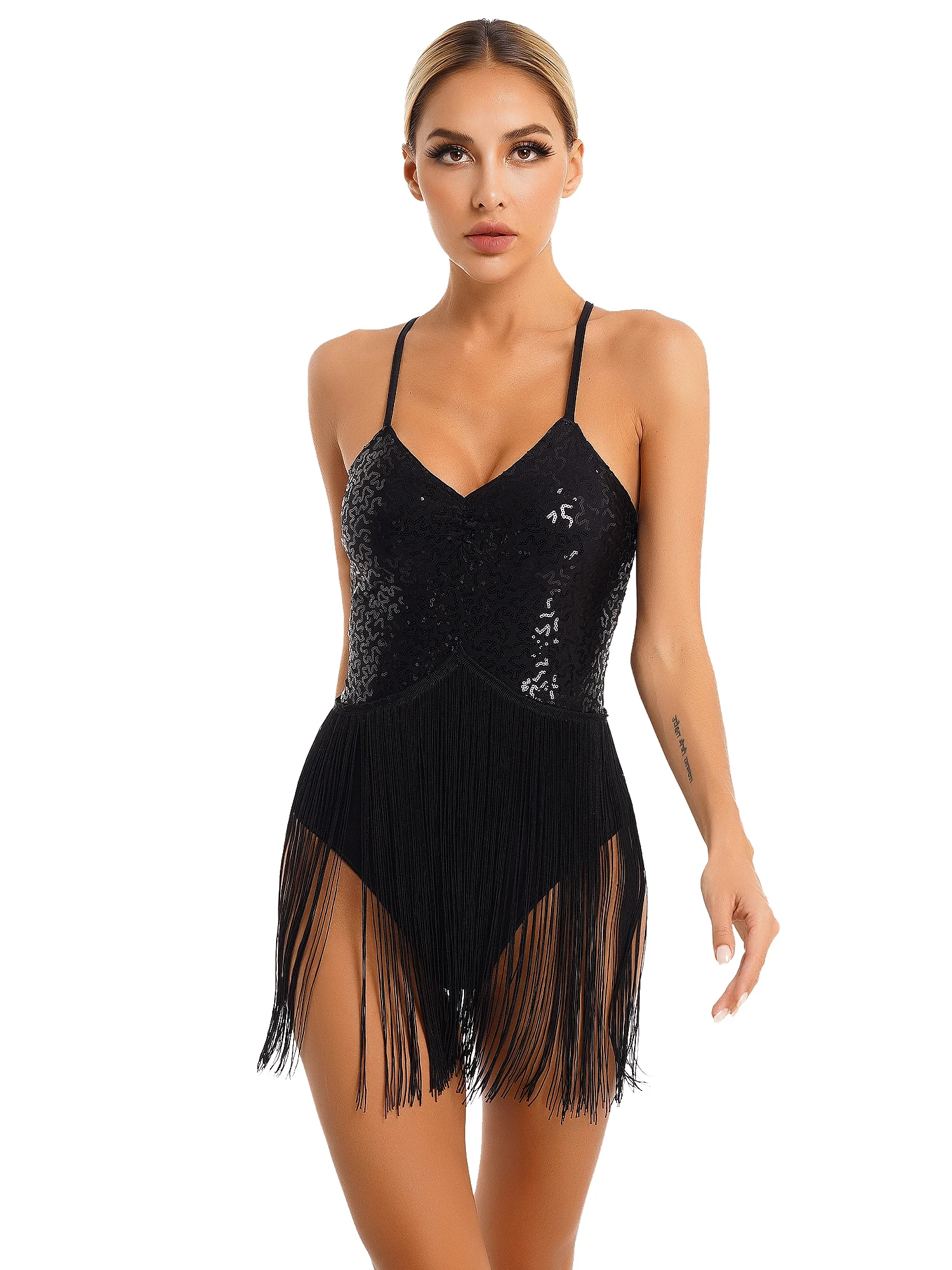 

Womens Glitter Sequins Fringed Bodysuit Dancewear V Neck Adjustable Straps Tassel Leotard Samba Tango Dance Performance Costume