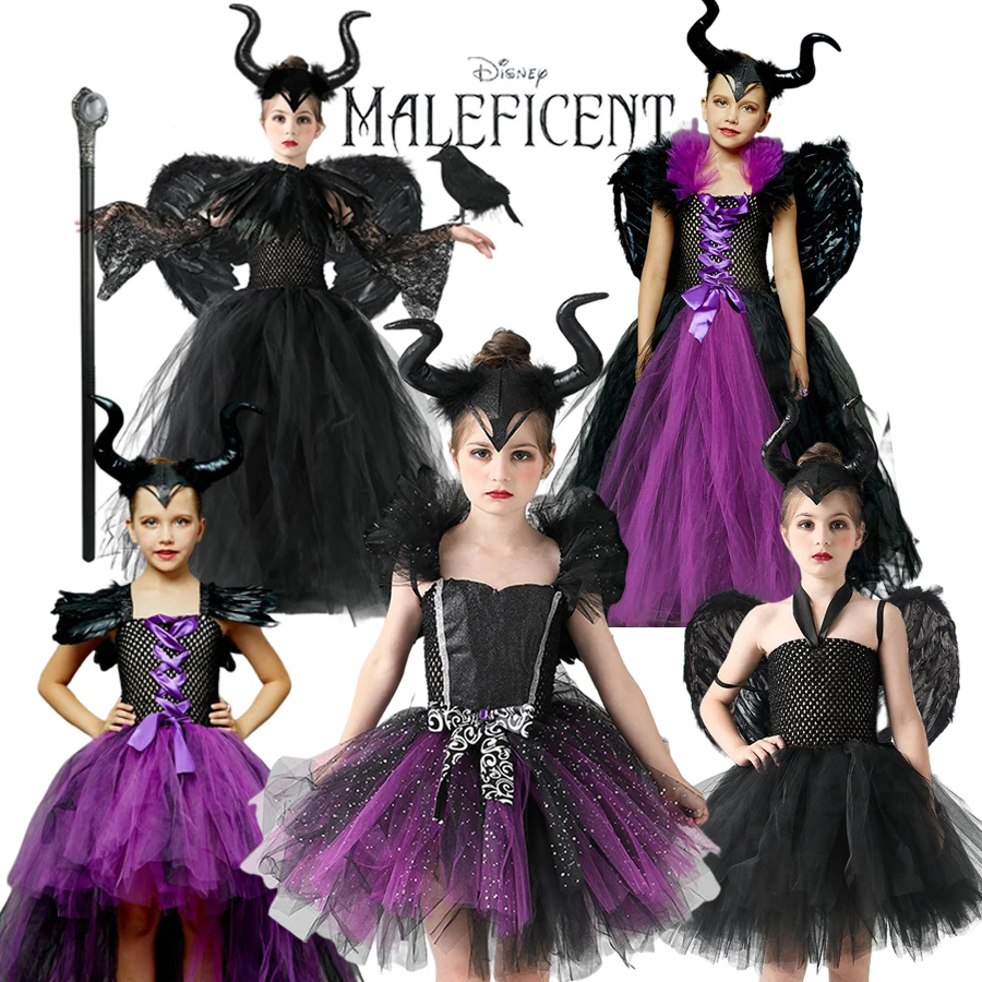 

Disney Maleficent Costume Dress Halloween Girls Fancy Christening Black Glam Gownprom Kids Cosplay Demon Queen Witch Clothes