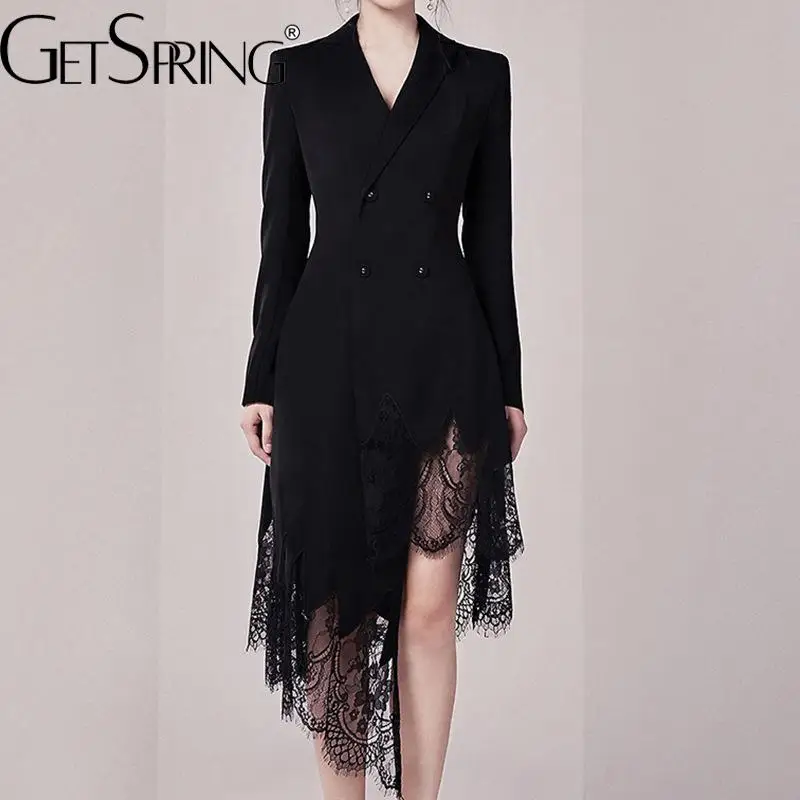 

GetSpring женское платье, кружевное двубортное черное платье-блейзер с соединением, темпераментное тонкое женское платье с длинным рукавом, осе...