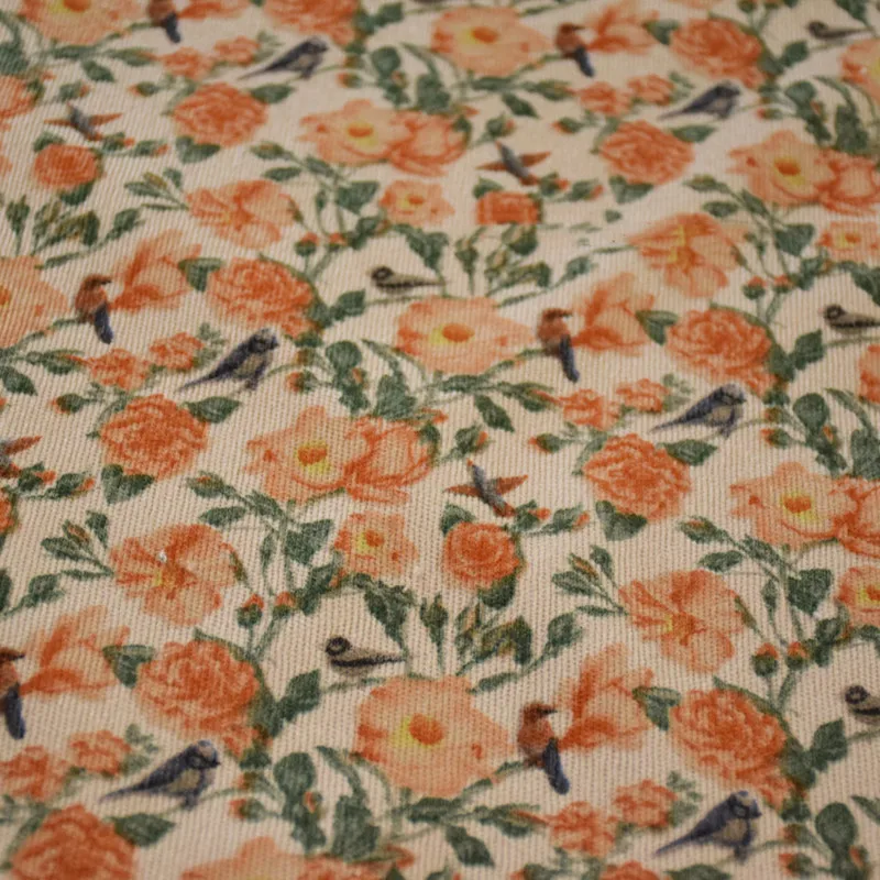 Хлопковая Вельветовая ткань с оранжевым цветочным принтом и птицами платье