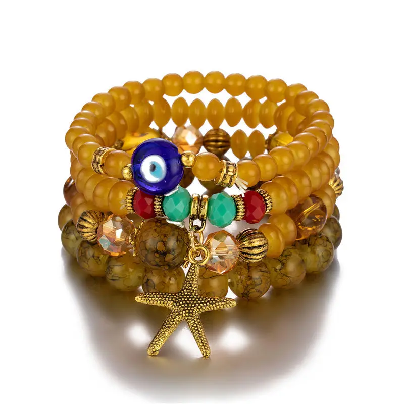 

Four Layered Starfish Charm Beaded Evil Eye Bracelets For Women Girl Accessories Boho Jewelry Gypsy Rome Bangle Bracelet Femme