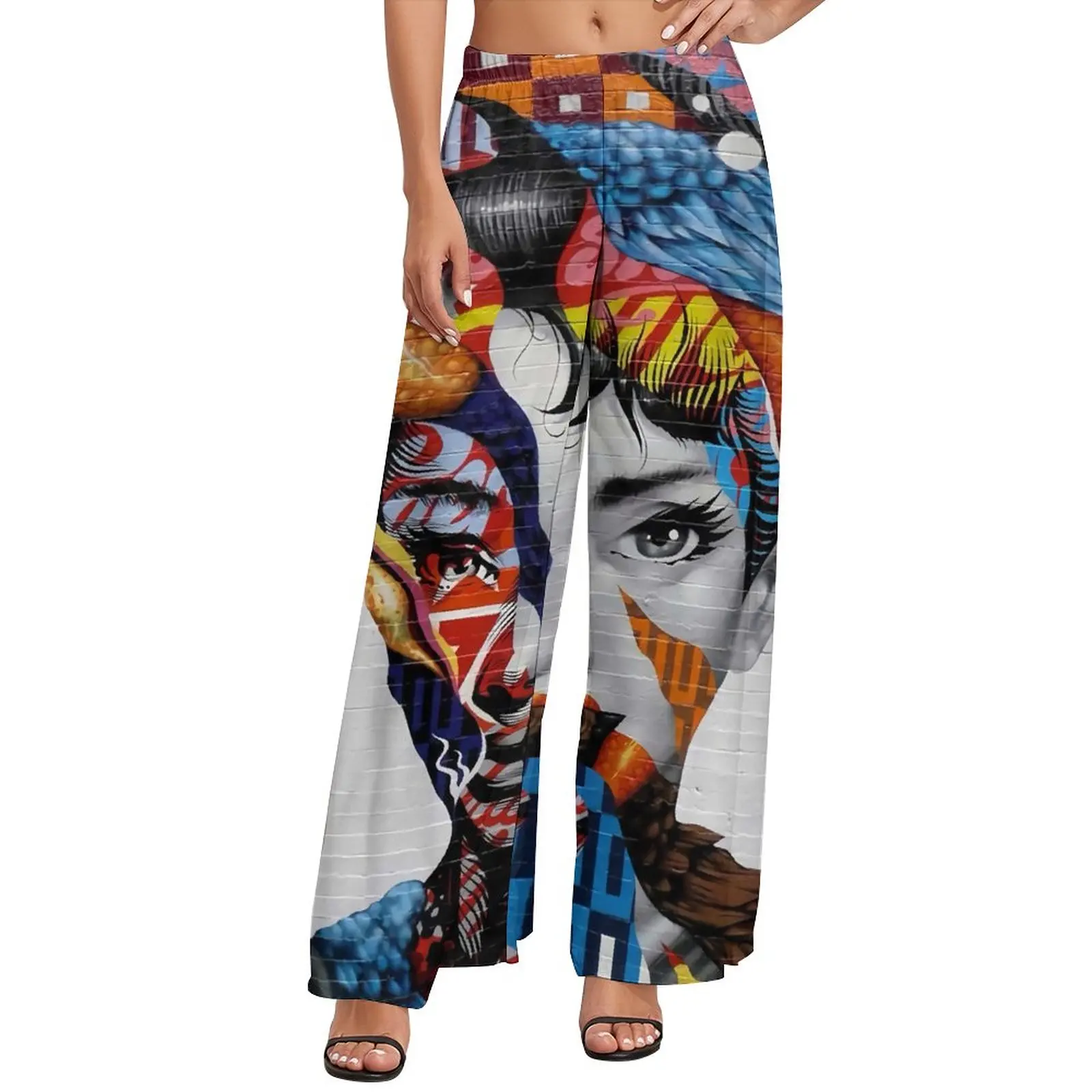 

Fashion Women Head Pants Abstract Print Casual Wide Leg Pants Lady Oversized Beach Vintage Straight Trousers Large Size 4XL 5XL