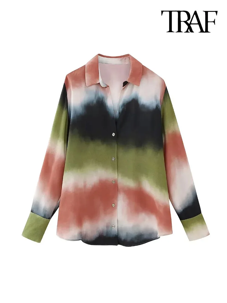 

TRAF Women Fashion Tie-dye Print Shirts Vintage Long Sleeve Button-up Female Blouses Blusas Chic Tops
