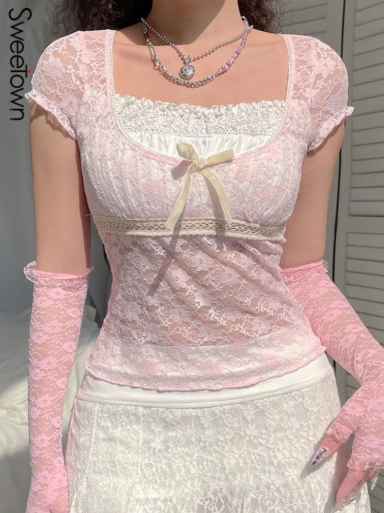 Женский кружевной топ с квадратным вырезом и коротким рукавом | Женская одежда