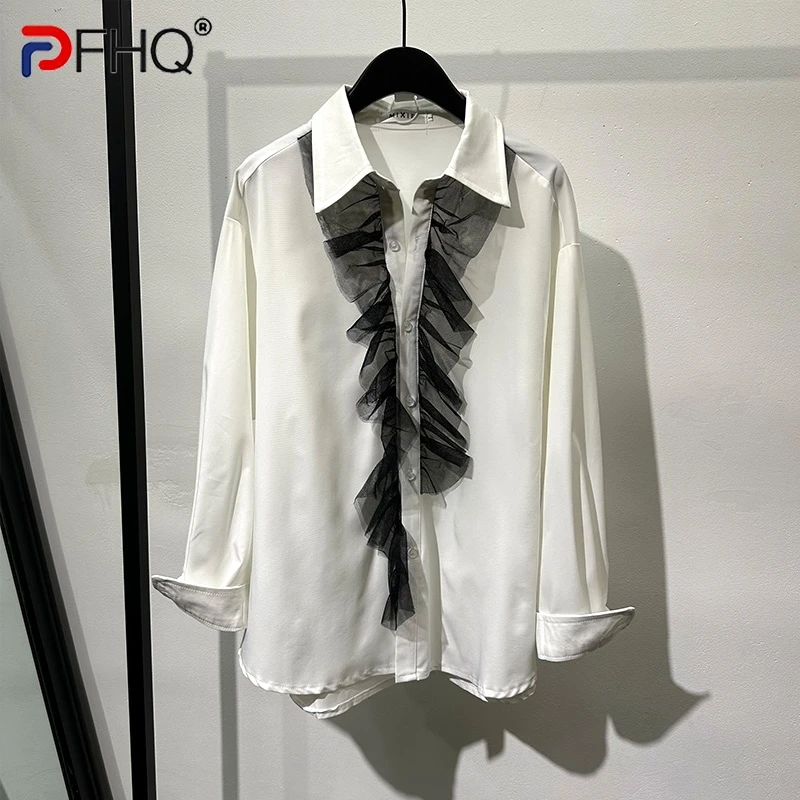 

PFHQ 2023 летние новые модные повседневные Лоскутные марлевые рубашки для мужчин с длинным рукавом однобортная свободная Мужская блузка 21F3891