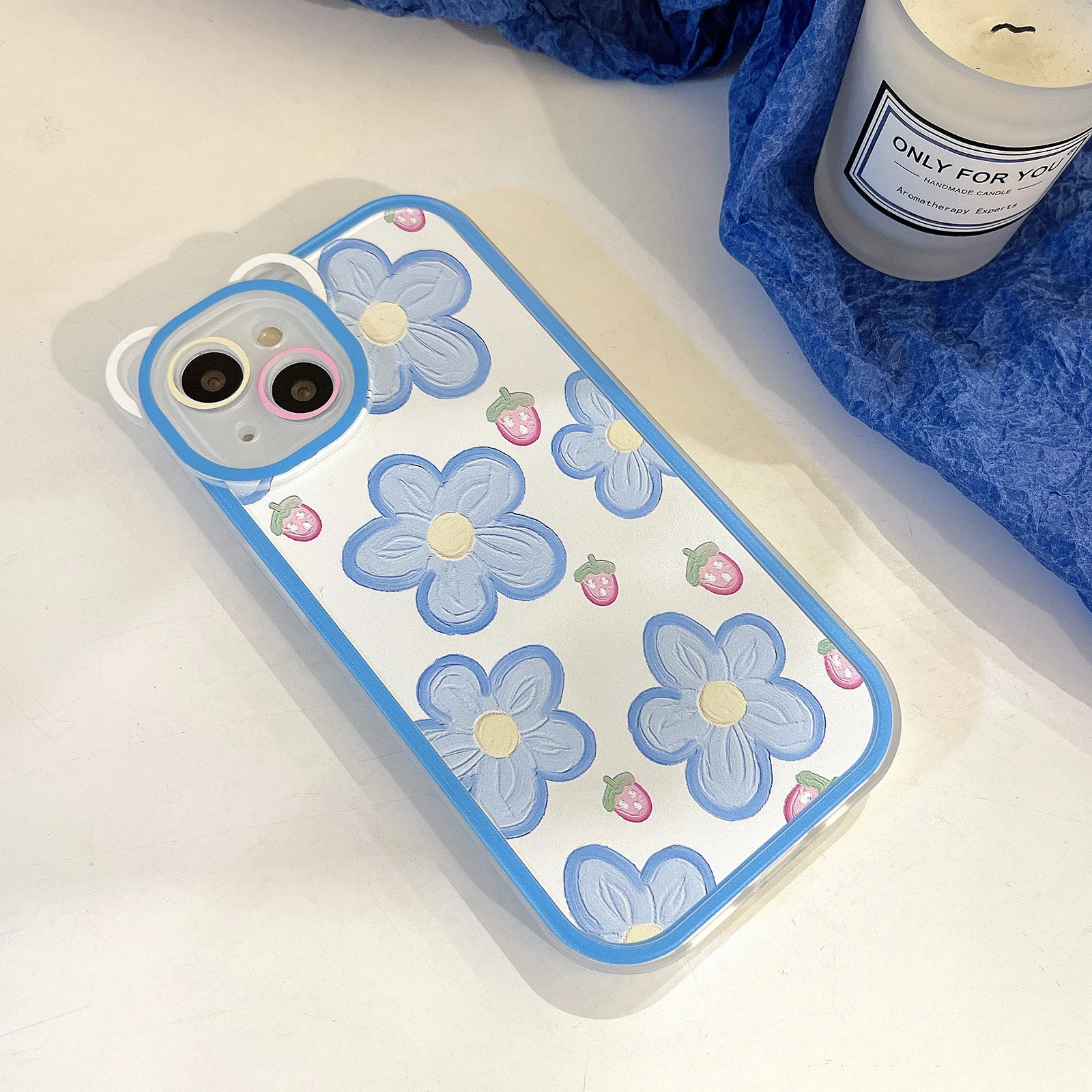 Милый корейский чехол для телефона с голубыми цветами и клубникой iPhone 13 11 12 Pro Max X